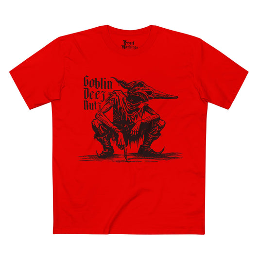 Red tee with a black ink crouching goblin beside gothic text reading Goblin Deez Nutz, front view