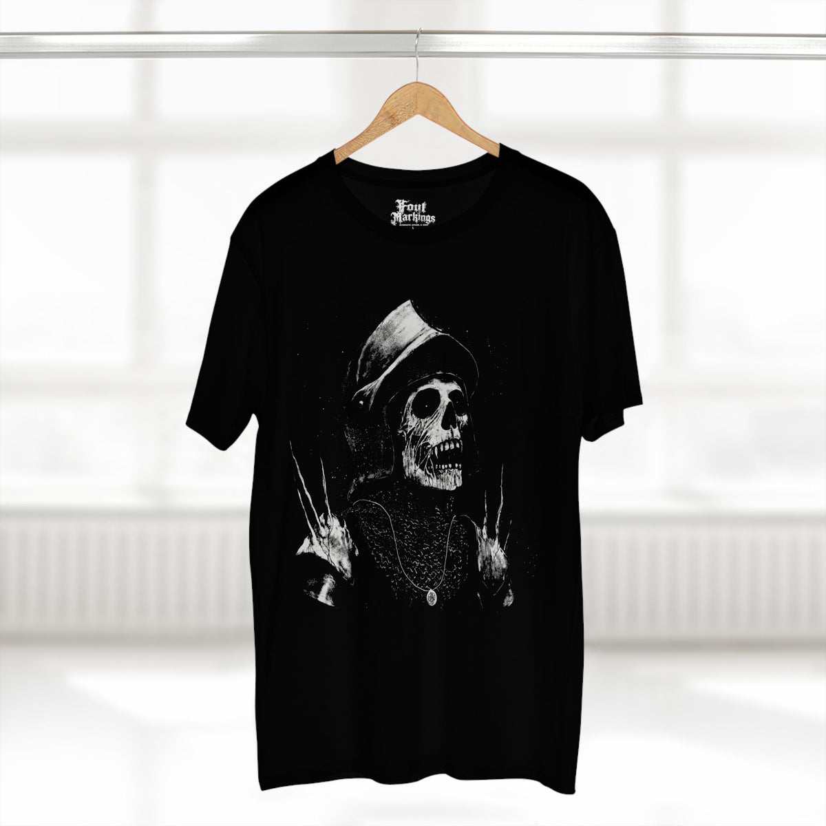 Black dead knight tee shown hanging