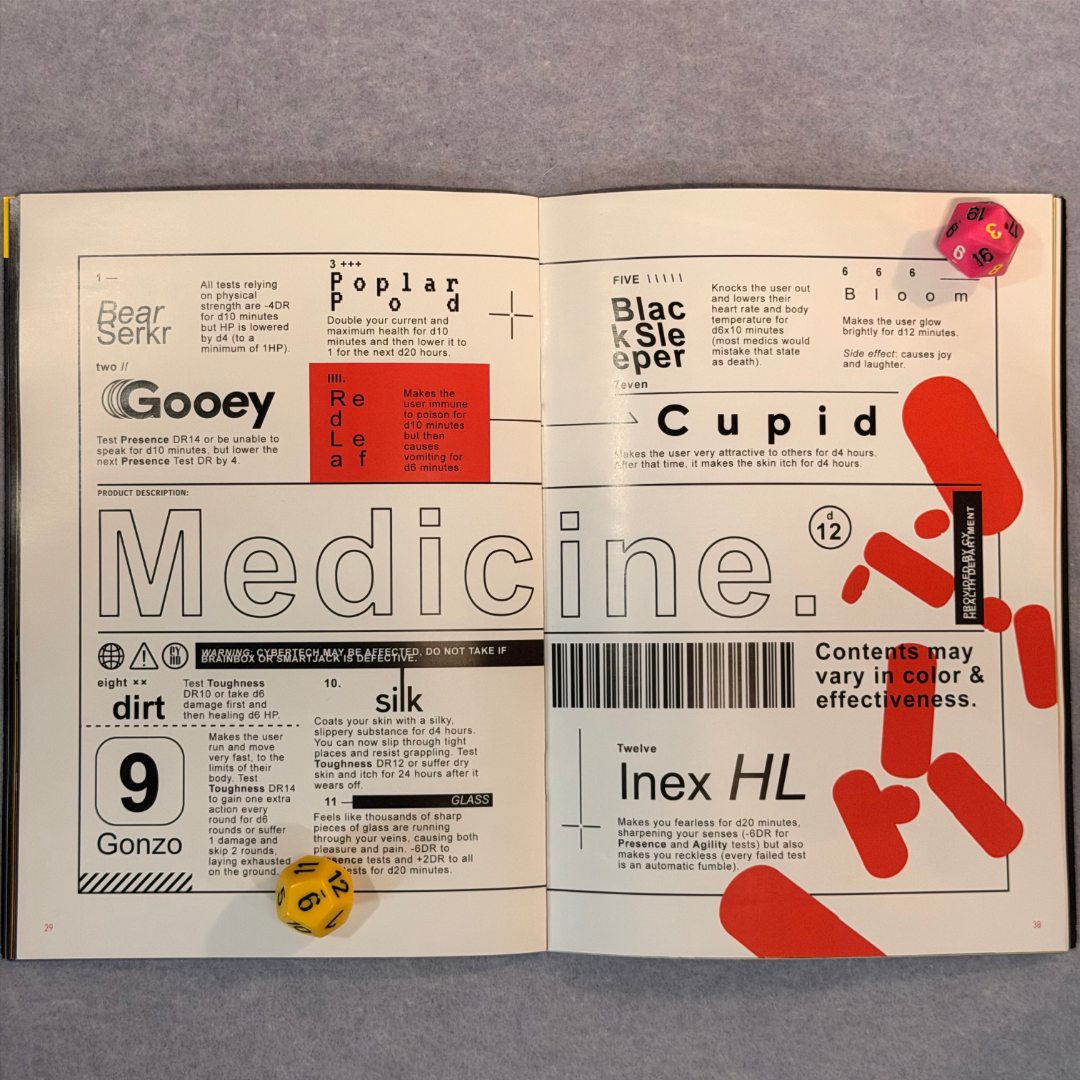 Interior spread of pill entries laid out as a pharmaceutical catalogue