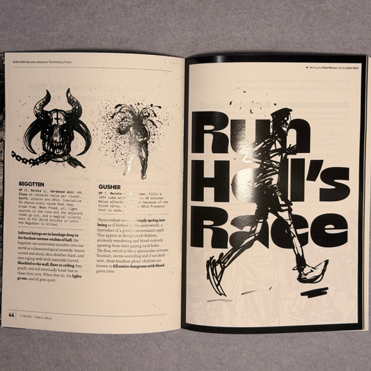 Interior spread with Begotten and Gusher entries beside Run Hell's Race lettering