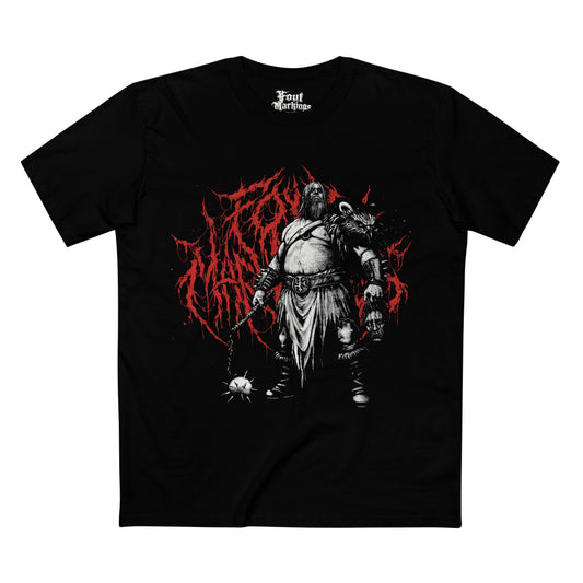 Black tee with a barbarian holding a flail and a severed head, front view