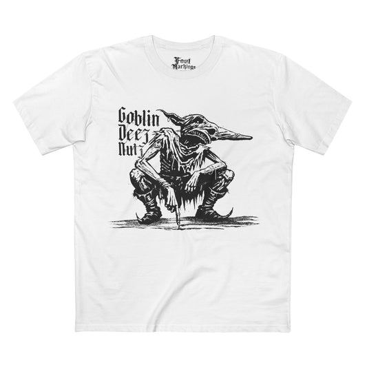 White tee with a black ink crouching goblin beside gothic text reading Goblin Deez Nutz, front view