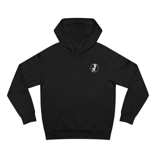 Black skeleton print hoodie shown hanging