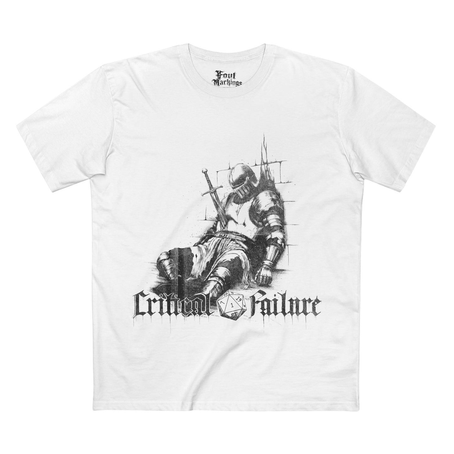 Black tee with a dead knight graphic, front view