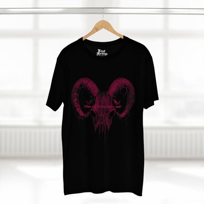 Black gnoll skull tee shown hanging