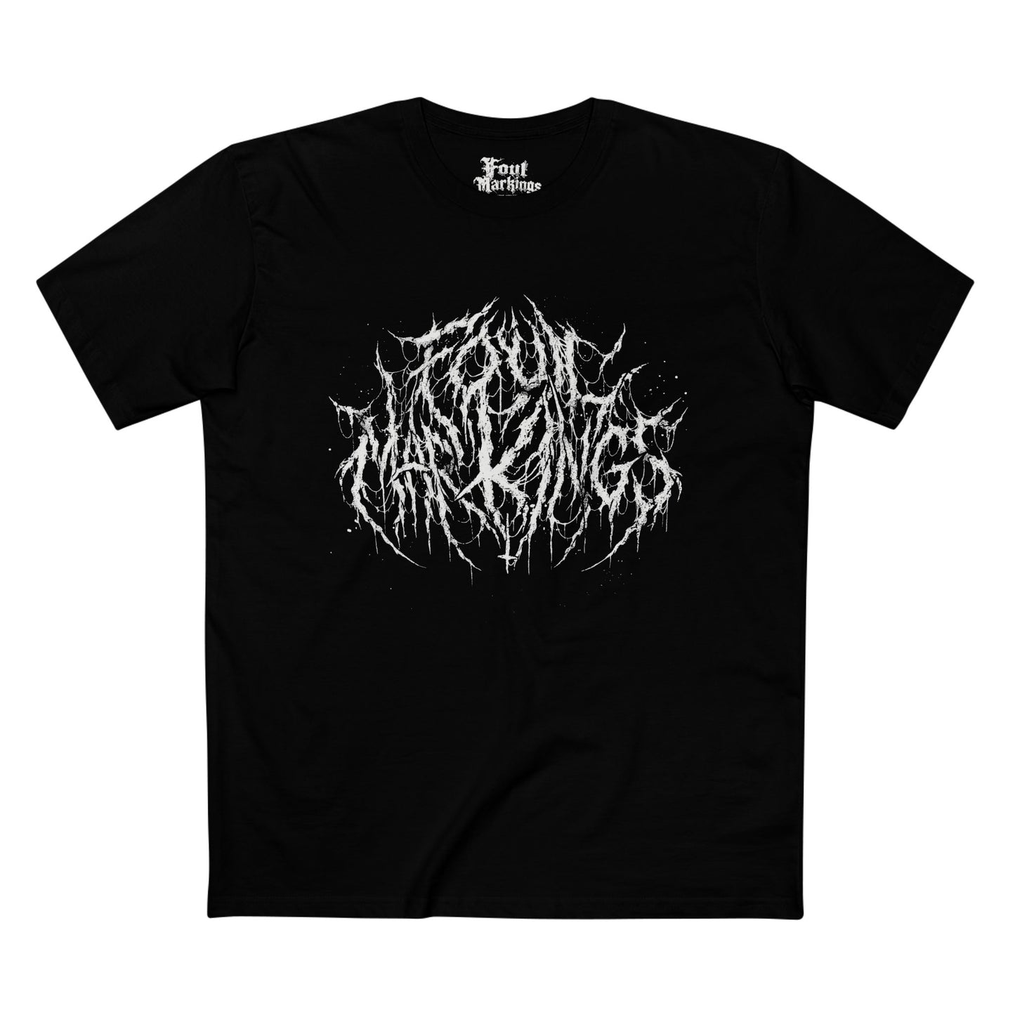 Black tee with the Foul Markings logo in jagged white lettering, front view
