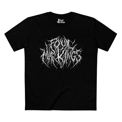 Black tee with the Foul Markings logo in jagged white lettering, front view