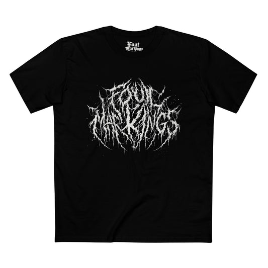 Black tee with the Foul Markings logo in jagged white lettering, front view