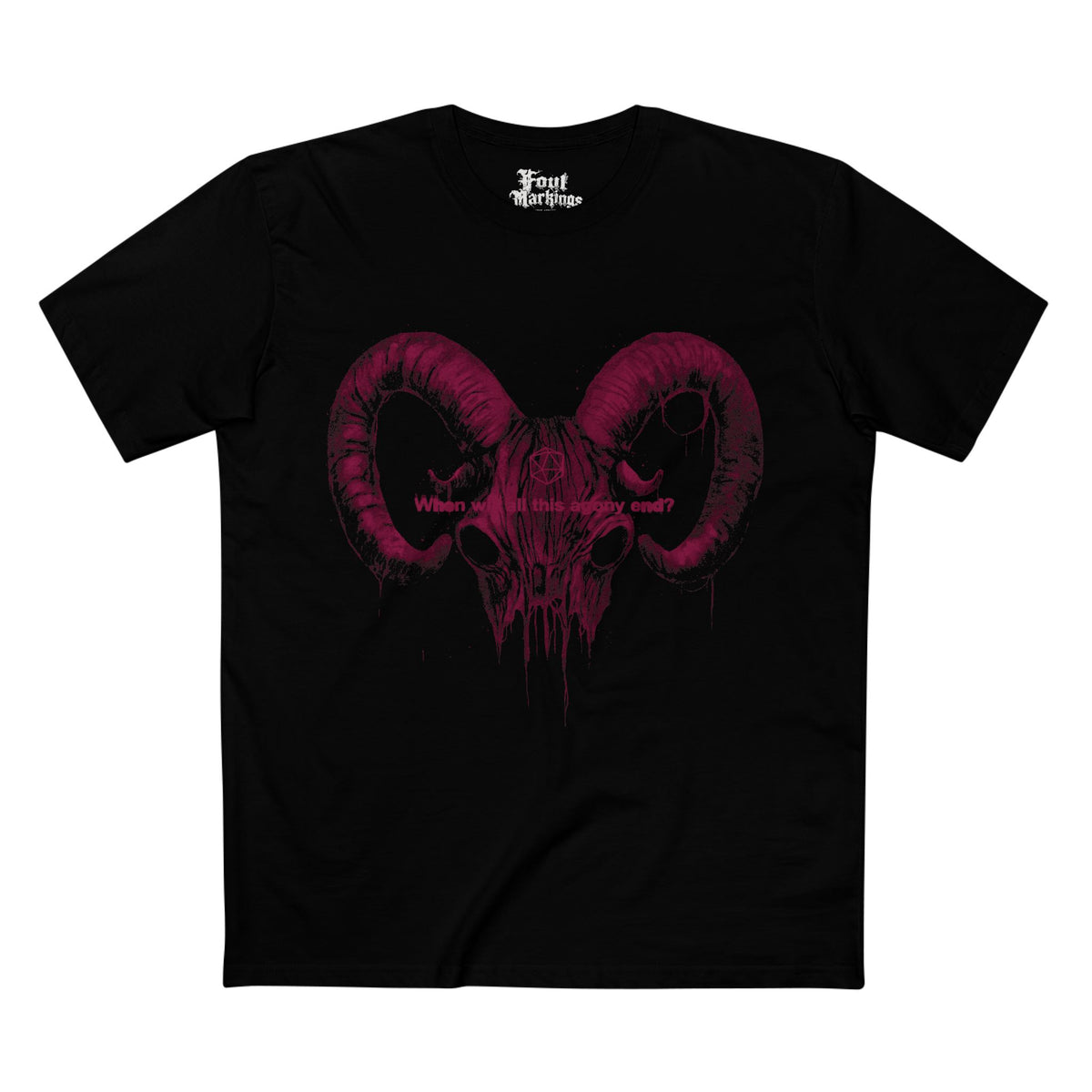 Black tee with a white gnoll skull graphic, front view