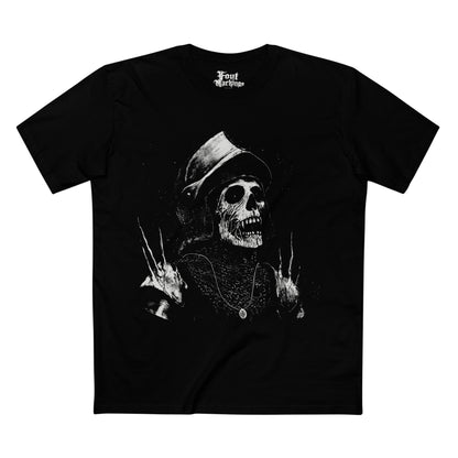 Black tee with a white skeletal knight in a battered helm, front view