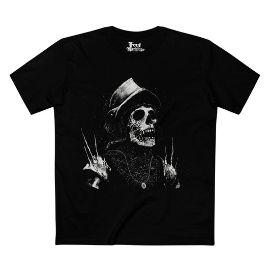 Black tee with a white skeletal knight in a battered helm, front view