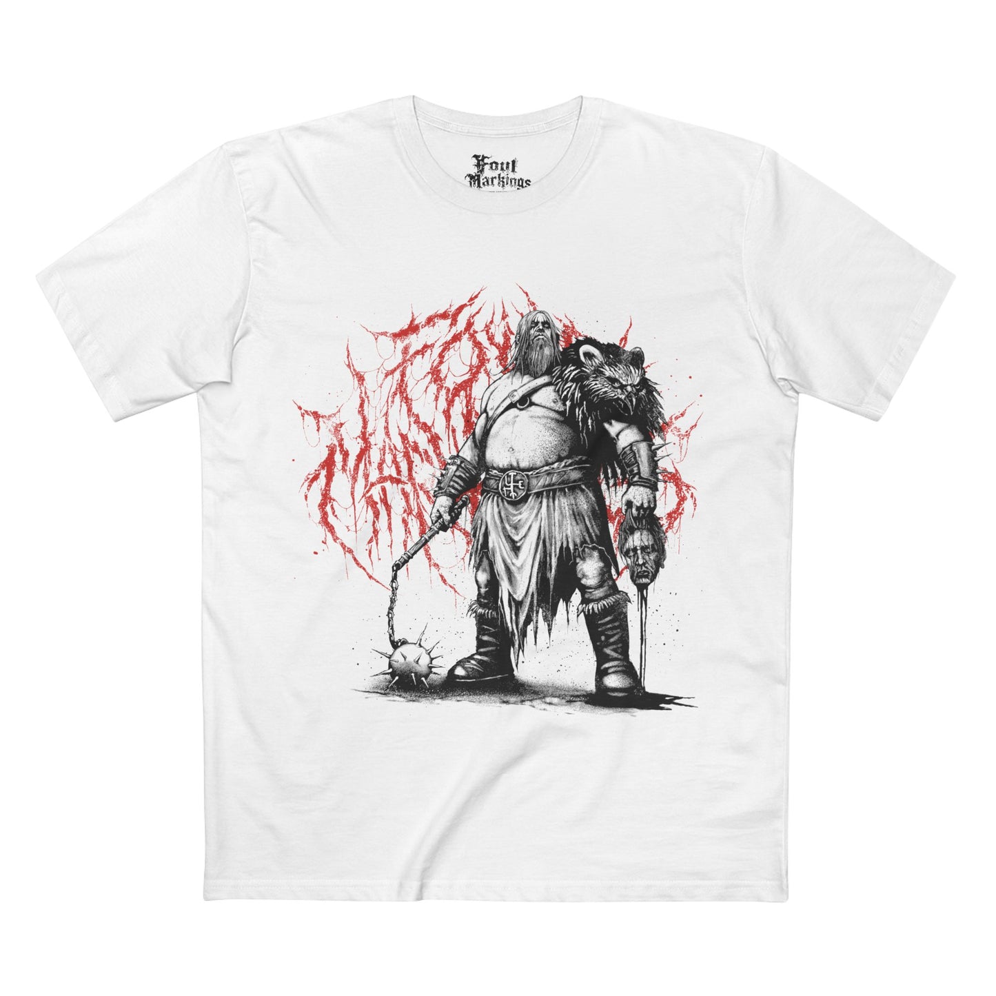 White tee with a barbarian holding a flail and a severed head, front view