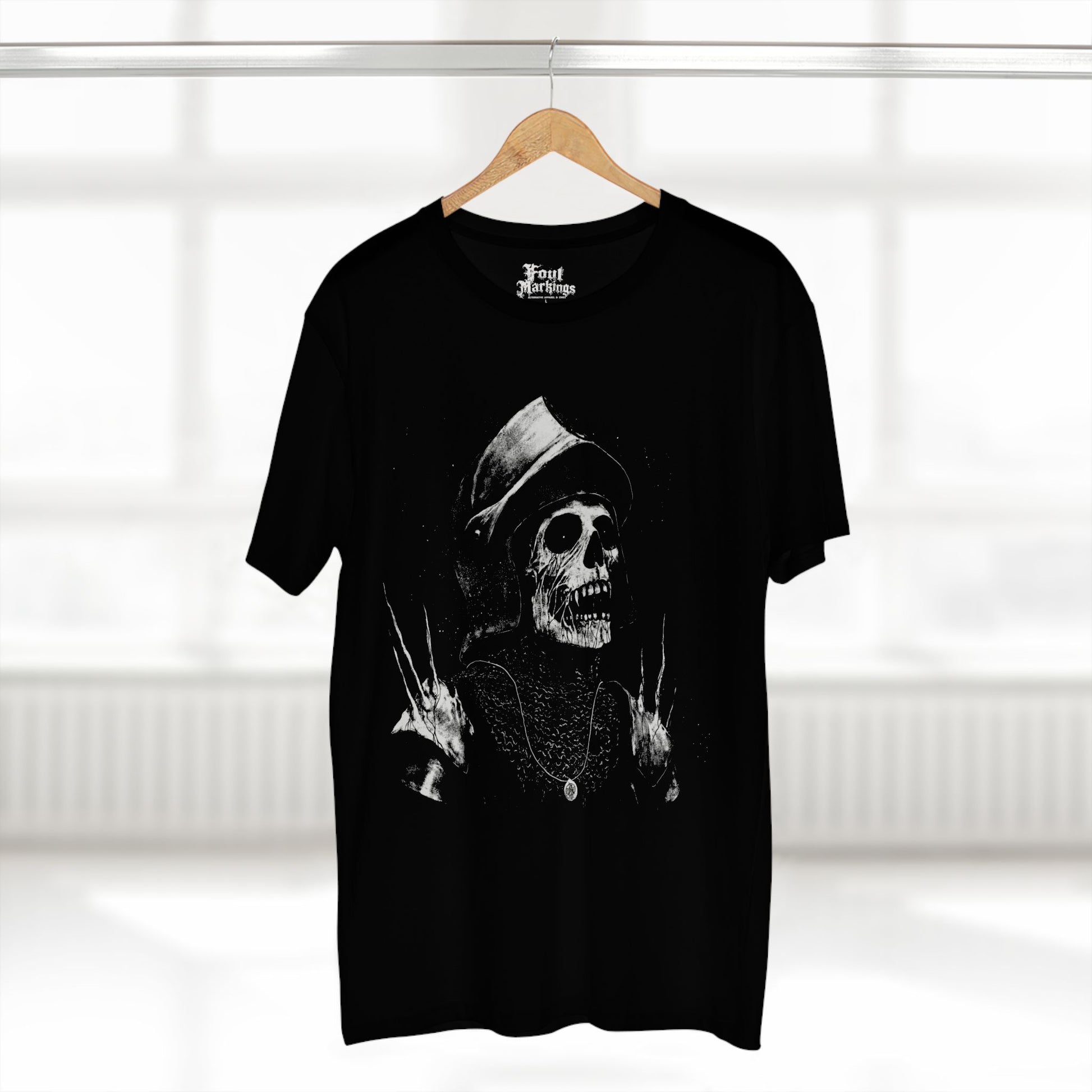 Black dead knight tee shown hanging