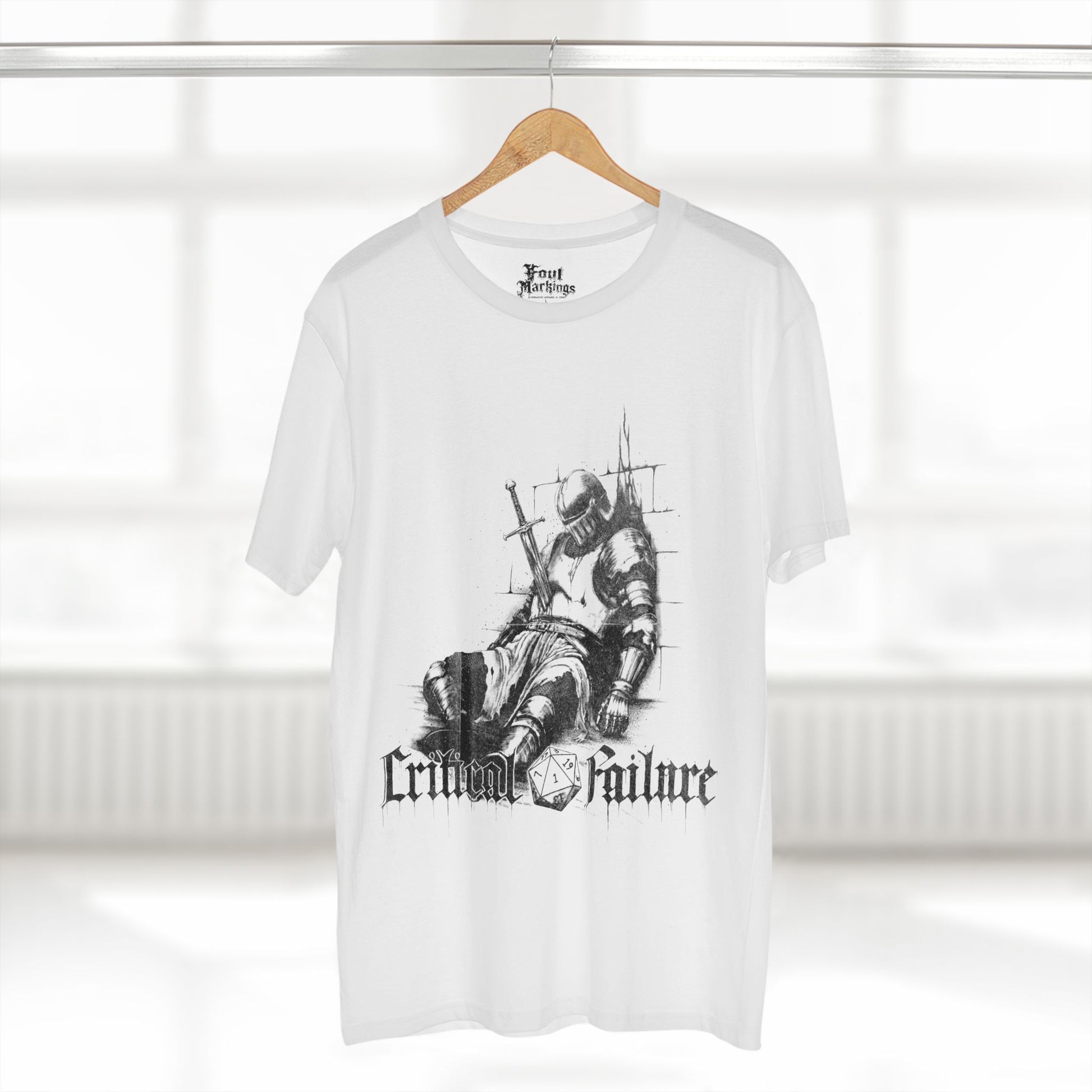 White tee with an alternate dead knight graphic, front view