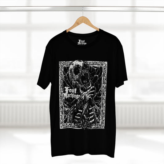 Black skeleton print tee shown hanging