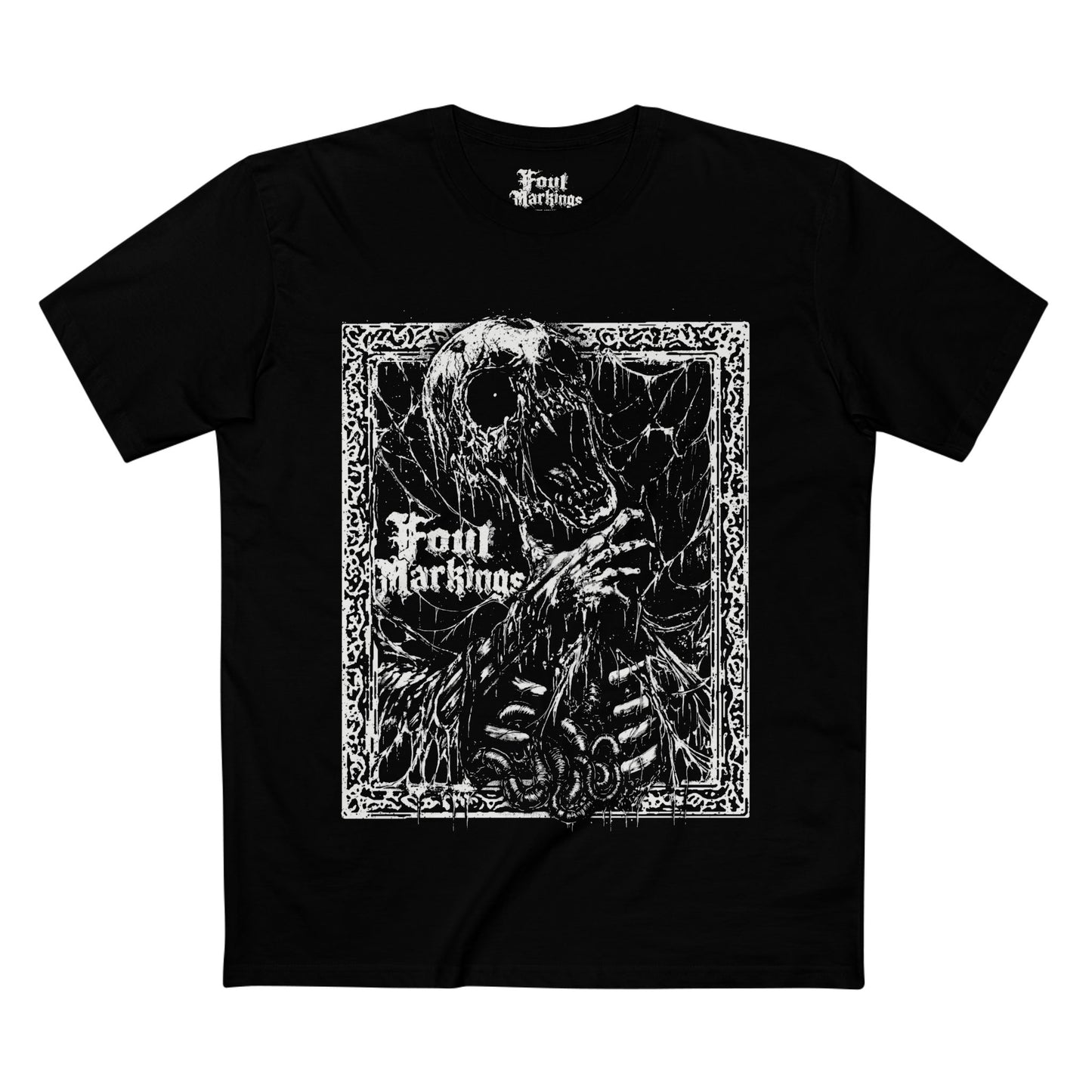 Black tee with a stark white skeleton print framed by borders and gothic lettering