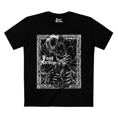 Black tee with a stark white skeleton print framed by borders and gothic lettering