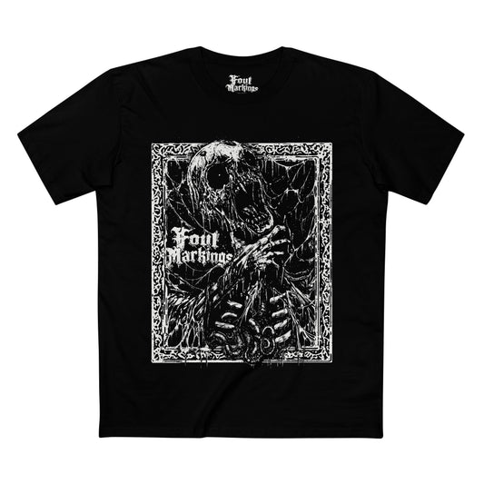 Black tee with a stark white skeleton print framed by borders and gothic lettering