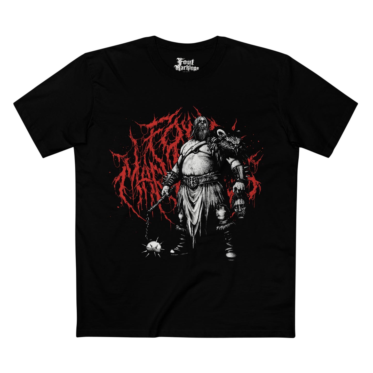 Black tee with a barbarian holding a flail and a severed head, front view