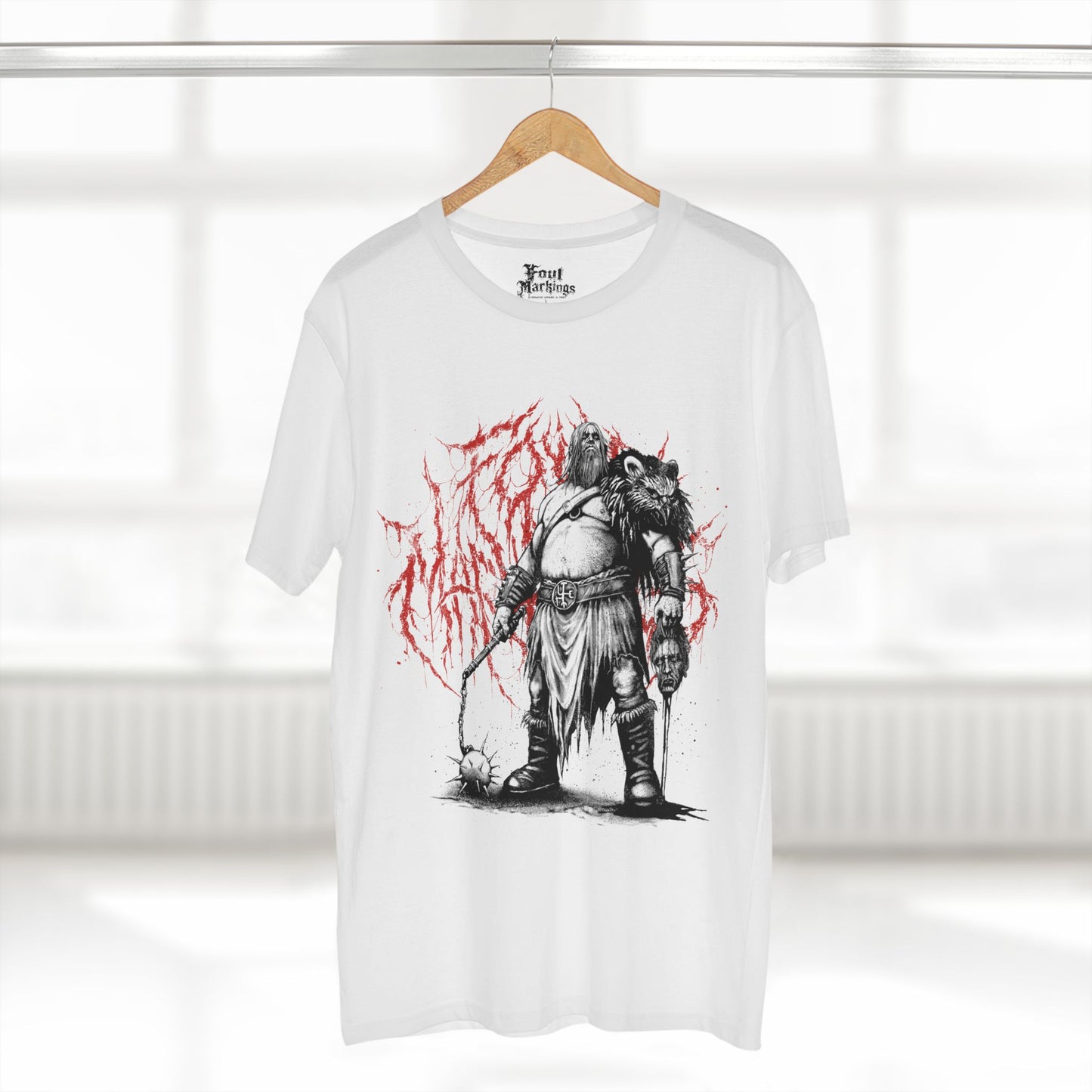 White barbarian tee shown hanging