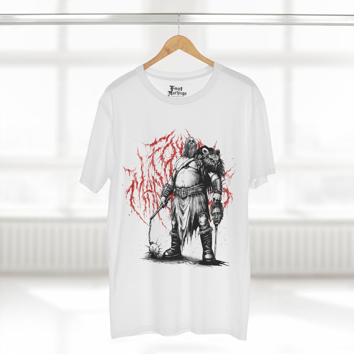 White barbarian tee shown hanging