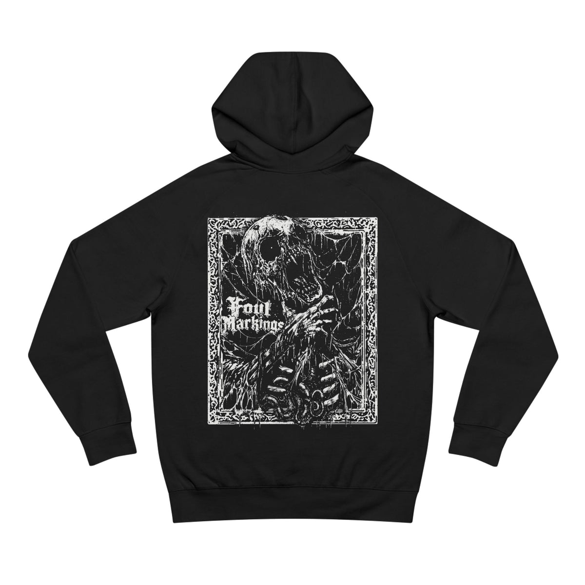 Black hoodie with a stark white skeleton print and gothic lettering
