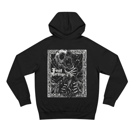 Black hoodie with a stark white skeleton print and gothic lettering