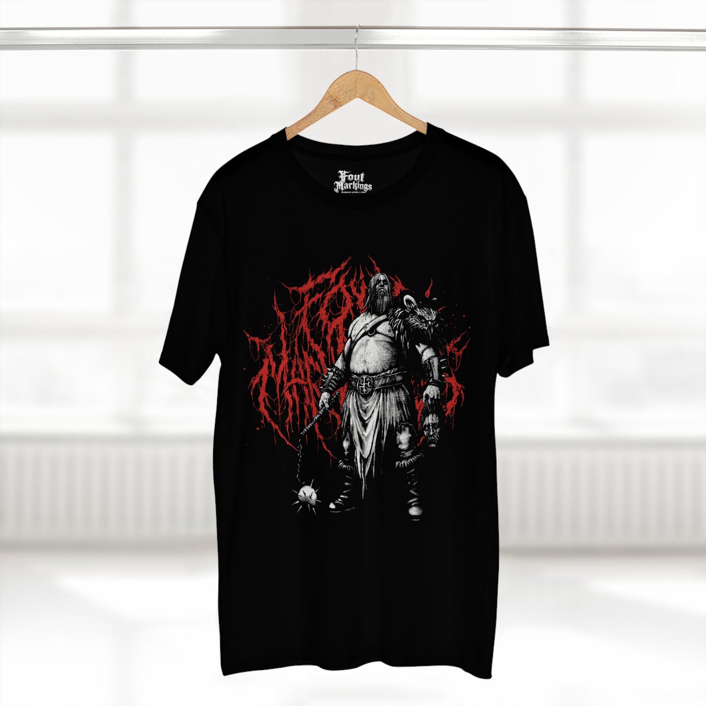 Black barbarian tee shown hanging