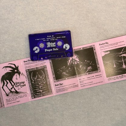 Fold-out cassette J-card open beside the Plague Relic tape