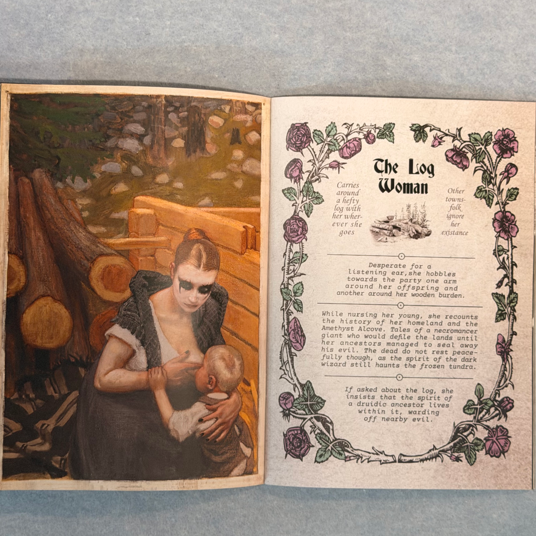 Interior spread, The Log Woman entry beside a painted figure nursing an infant