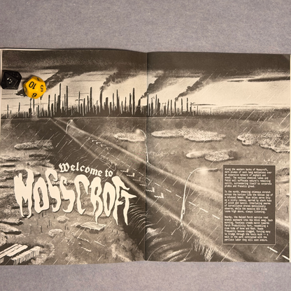 Interior spread, a wide industrial landscape titled Welcome to Mosscroft