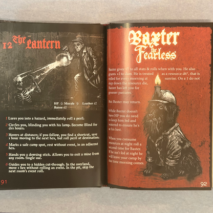Interior spread, The Lantern hex entry beside Baxter Fearless, a lantern-carrying figure