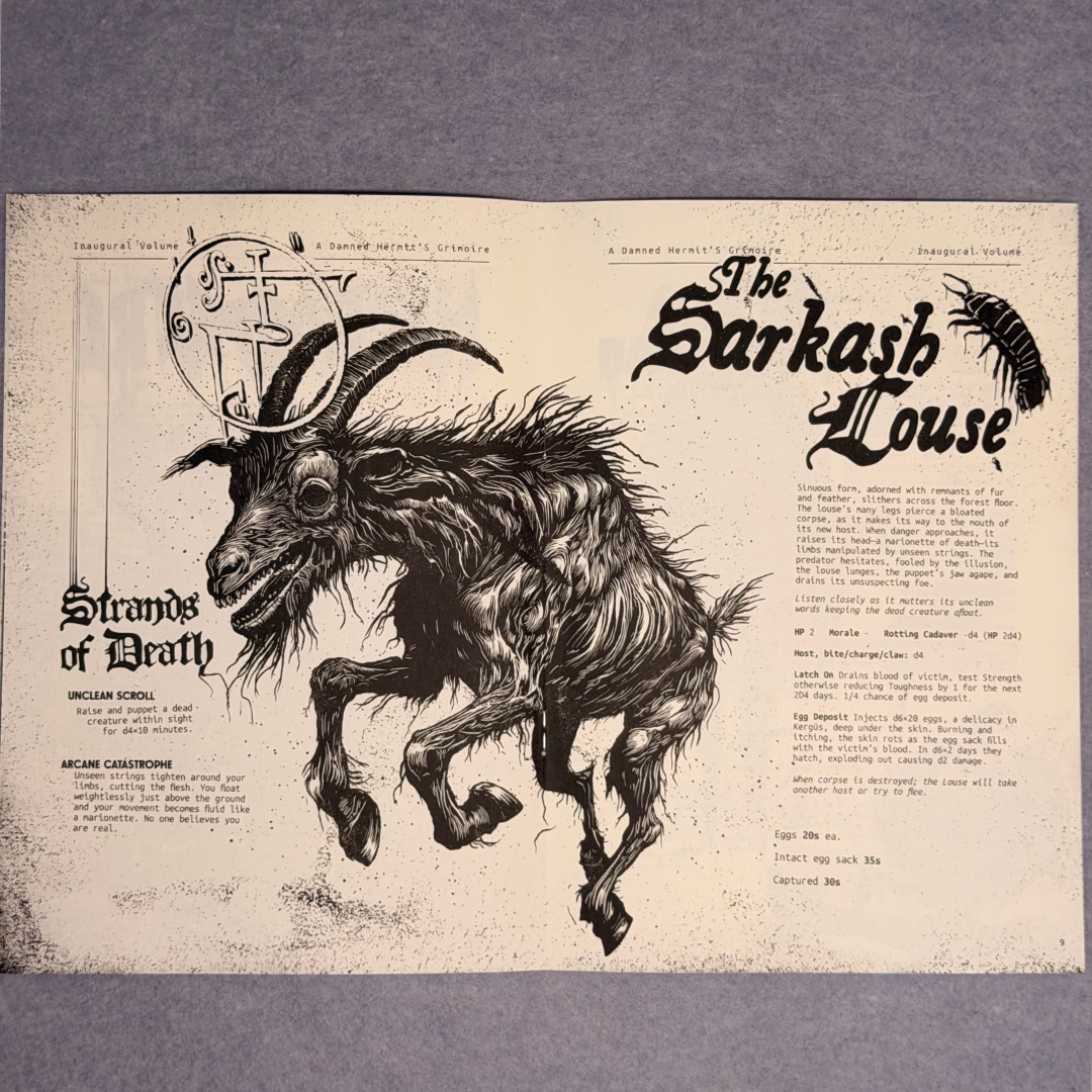 Interior spread showing the Sarkash Louse, a horned goat creature, beside a death magic table