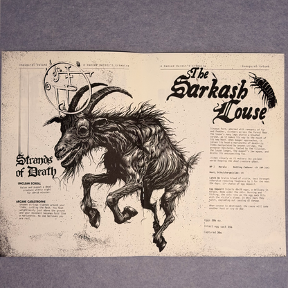 Interior spread showing the Sarkash Louse, a horned goat creature, beside a death magic table