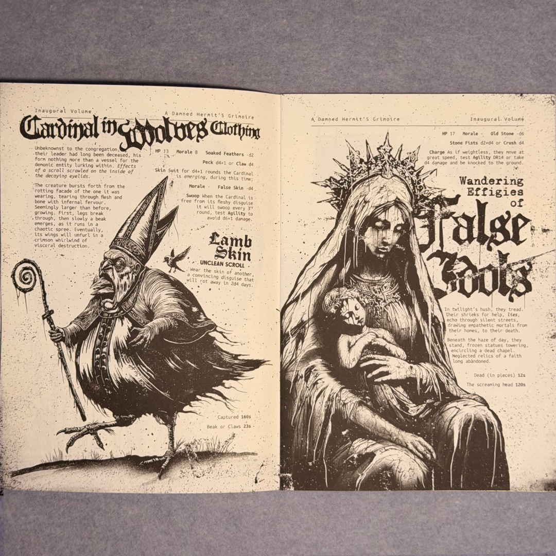 Interior spread with a bird-legged cardinal and a crowned figure holding an infant