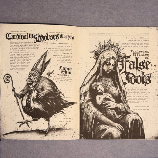 Interior spread with a bird-legged cardinal and a crowned figure holding an infant
