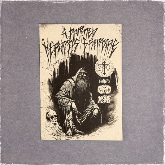 Zine cover, black and white ink drawing of a bearded hermit seated among skulls in a rocky hollow