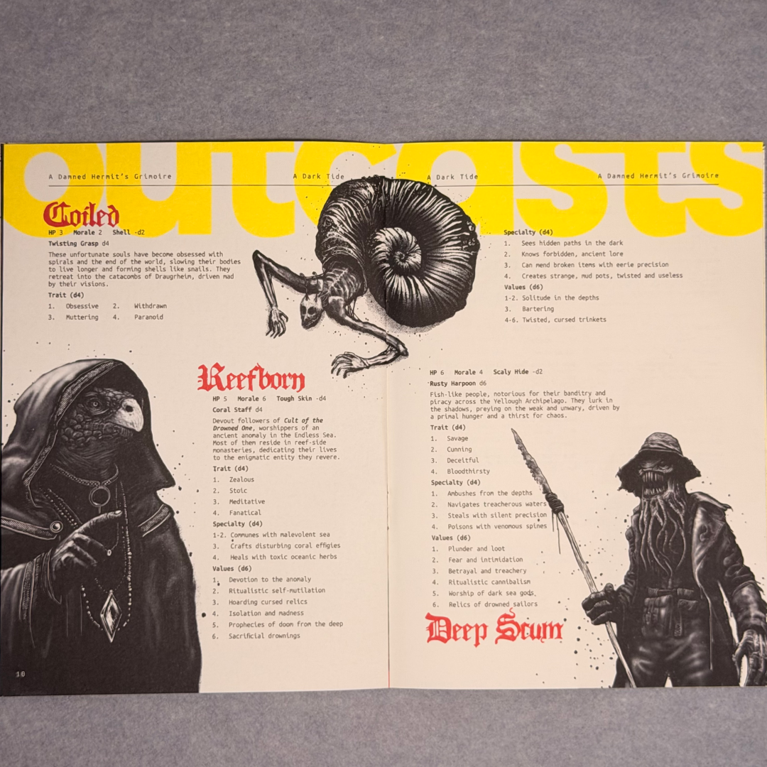 Interior spread in yellow, red, and black with Reefborn and Deep Scum creature entries