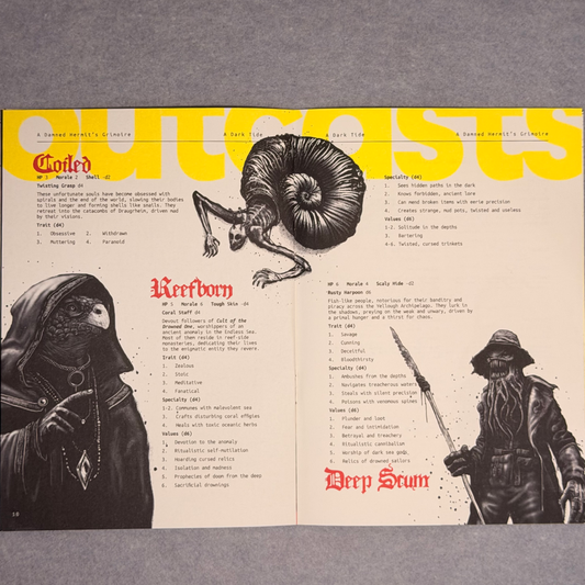 Interior spread in yellow, red, and black with Reefborn and Deep Scum creature entries
