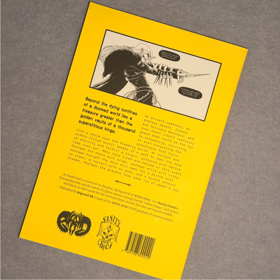 Back cover in yellow with the story blurb and a small ink illustration