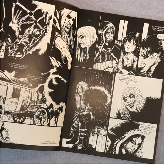 Interior comic spread in black and white, panels of characters travelling by wagon