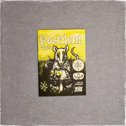 Small zine cover in yellow and black, a rat standing over a pile of skulls