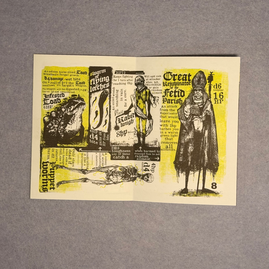 Risograph interior spread with Fetid Parish and Great Renunciation entries
