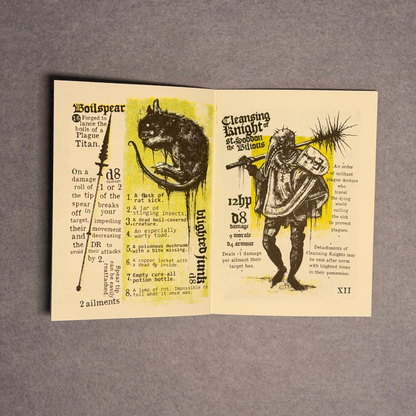 Risograph interior spread showing Boilspear and Cleansing Knight entries