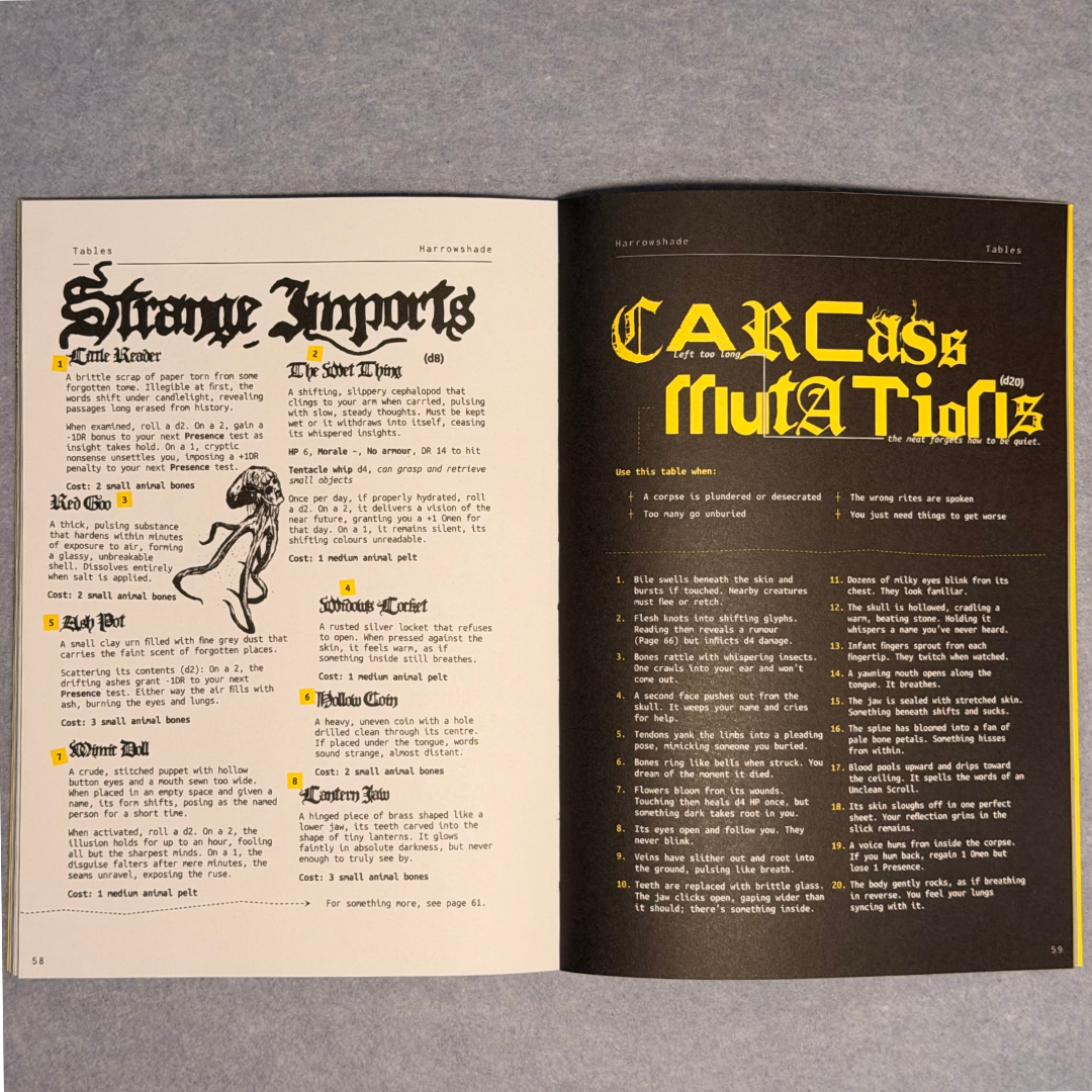 Interior spread with Strange Imports and Carcass Mutations tables