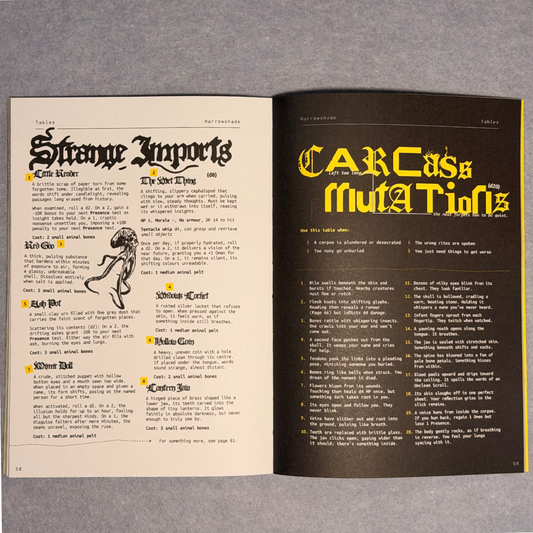 Interior spread with Strange Imports and Carcass Mutations tables