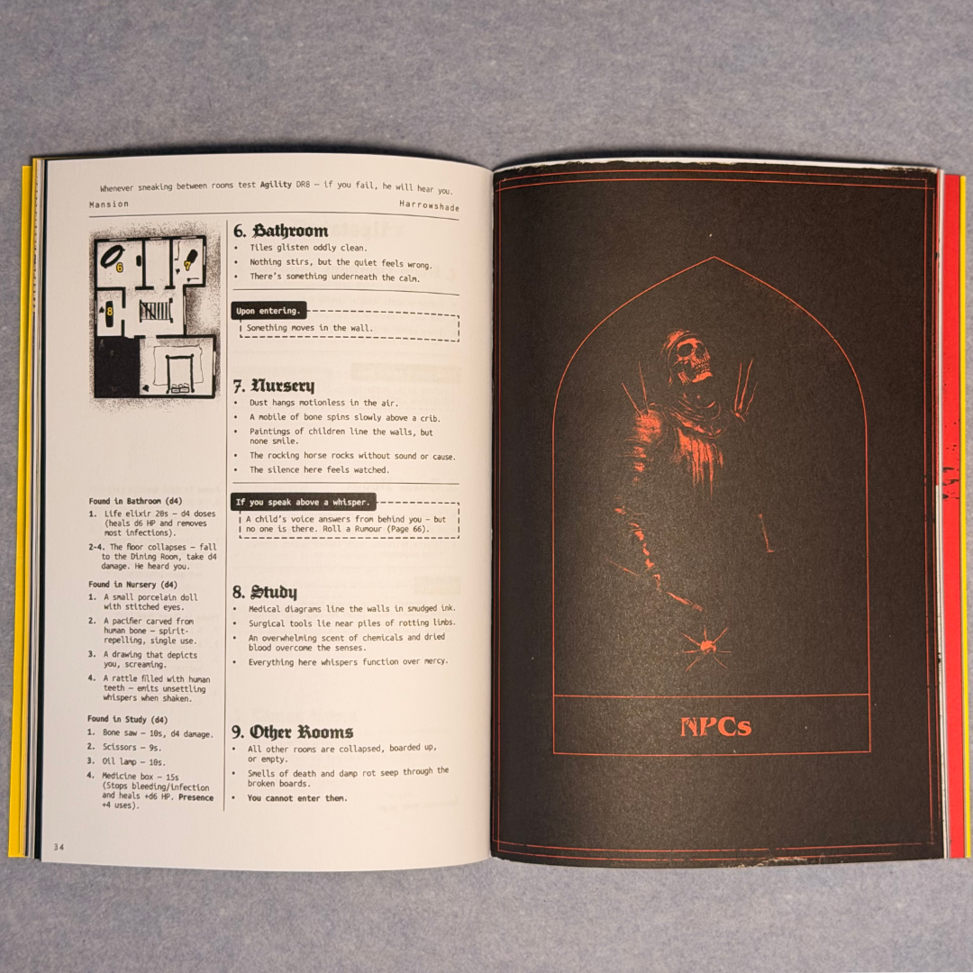 Interior spread showing a dungeon map key beside a red-lit NPC page