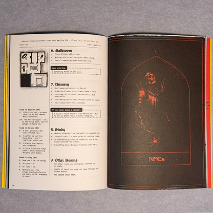 Interior spread showing a dungeon map key beside a red-lit NPC page