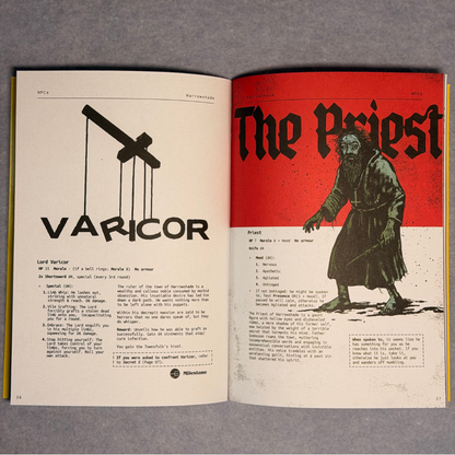Interior spread with the Varicor entry and The Priest, a robed figure in red