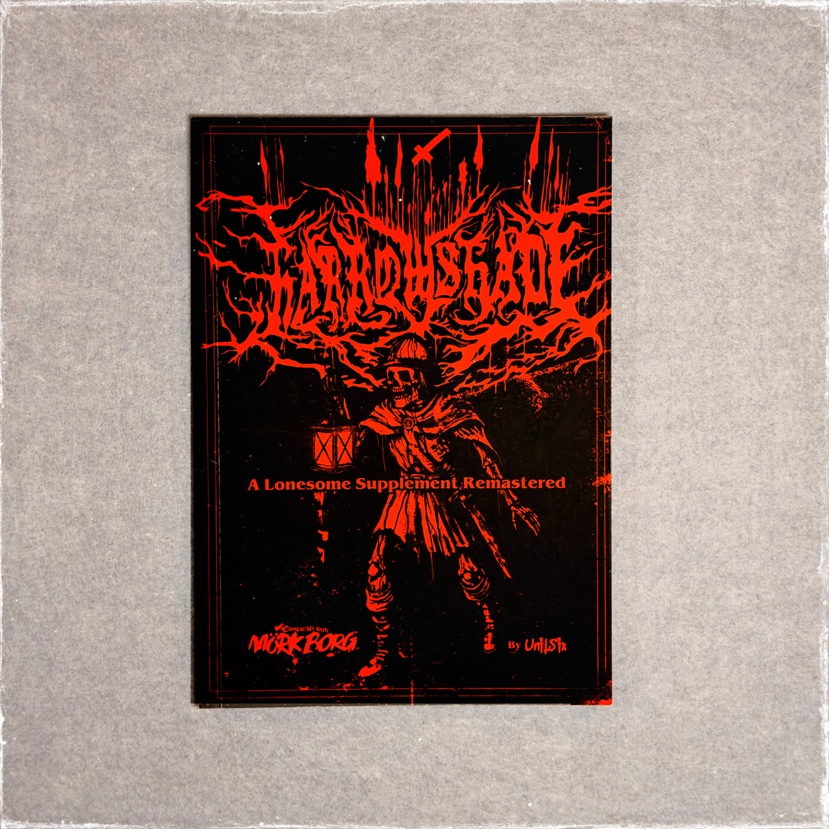 Zine cover in black and red, a hooded figure above a ruined town skyline